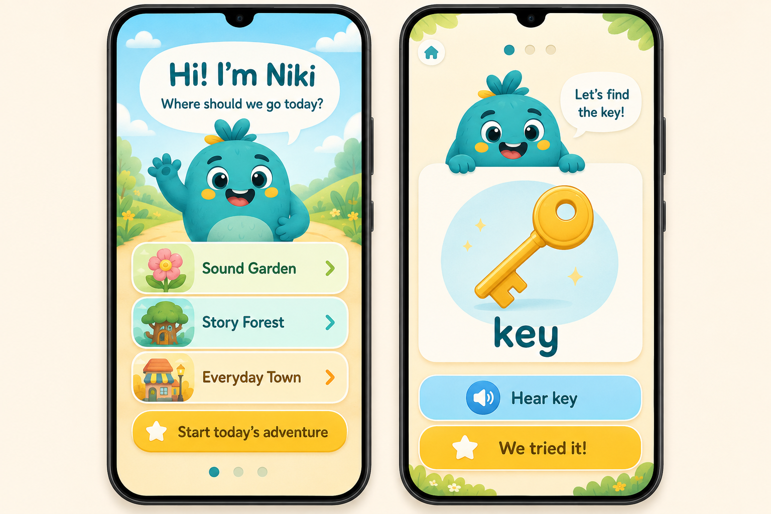 Early Niki mobile app interface concepts showing the activity menu and a guided word exercise